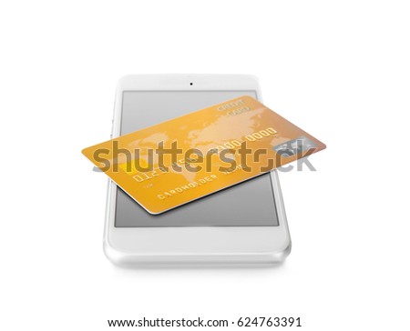 Online shopping concept. Smartphone with credit card on white background
