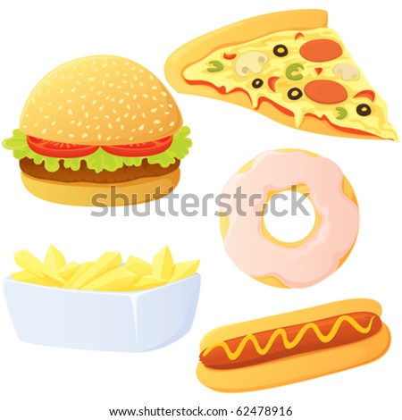 A set of various fastfood meals and snacks.