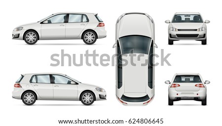 Car vector template on white background. Hatchback isolated. All layers and groups well organized for easy editing and recolor. View from side, front, back, top. Royalty-Free Stock Photo #624806645