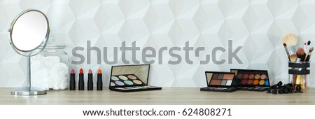 Simple table, makeup accessories and white 3d wallpaper, panorama