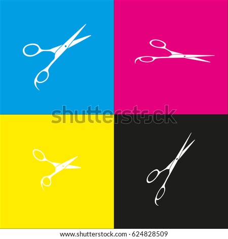 Hair cutting scissors sign. Vector. White icon with isometric projections on cyan, magenta, yellow and black backgrounds.