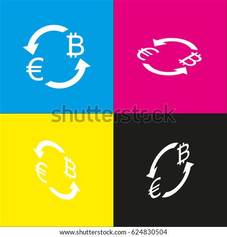 Currency exchange sign. Euro and Bitcoin. Vector. White icon with isometric projections on cyan, magenta, yellow and black backgrounds.
