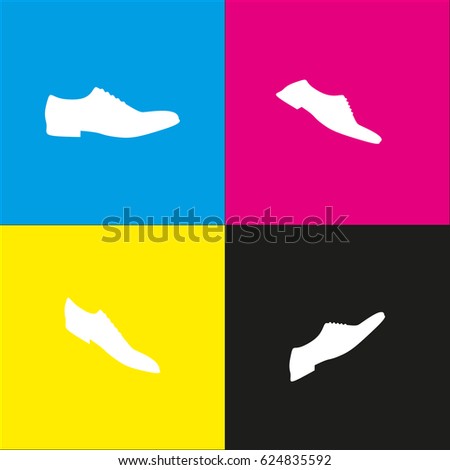 Men Shoes sign. Vector. White icon with isometric projections on cyan, magenta, yellow and black backgrounds.