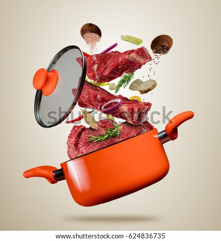 Fresh beef meat pieces with vegetable and cooking ingredients flying into a pot with lit, separated on gray background