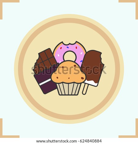 Sweets color icon. Confectionery. Chocolate bar, doughnut, muffin with raisins, ice cream. Isolated vector illustration