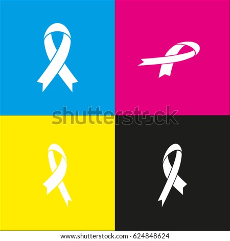 Black awareness ribbon sign. Vector. White icon with isometric projections on cyan, magenta, yellow and black backgrounds.
