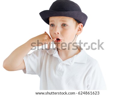 Little boy show emotions on white background
