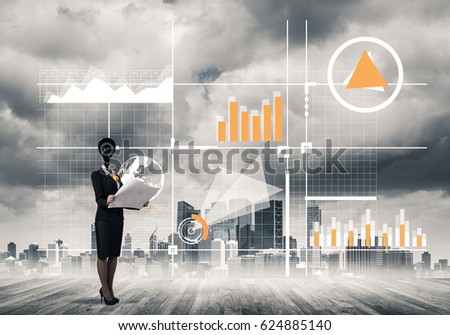 Businesswoman with camera instead of head and media user interface on screen