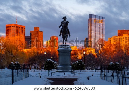Sunset at Public Garden Boston , cover by snow