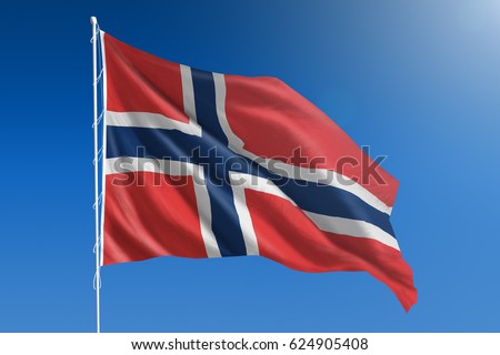 The National flag of Norway blowing in the wind in front of a clear blue sky Royalty-Free Stock Photo #624905408
