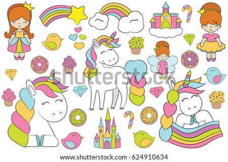 Magic elements.28 elements with birds, castles, cupcakes, diamonds, donuts, fairy, hearts, lollipop, princesses, rainbows, unicorns. Best Choice for cards, printing, party invitations, scrapbooking!