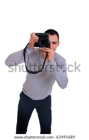 Portrait of male photographer with camera isolated on white background