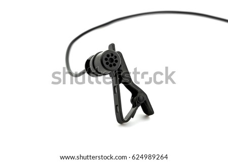 close up of lavalier or clip microphone for sound and voice record on white background