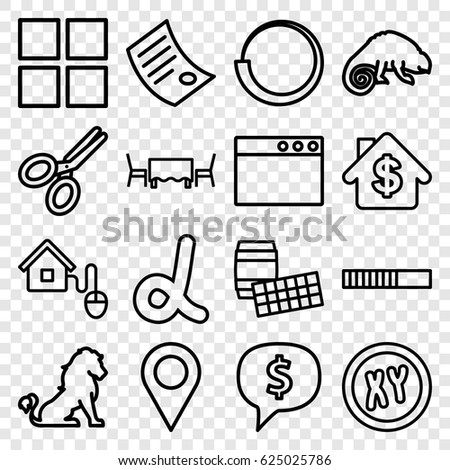 Template icons set. set of 16 template outline icons such as lion, chameleon, scissors, restaurant table, smart home, document, cube, location, alpha, bank, XY