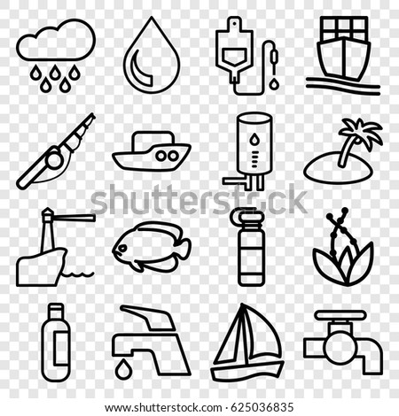 Water icons set. set of 16 water outline icons such as fish, boat, bottle, tap, drop counter, cargo ship, drop, geyser, rain, island, lighthouse, plant, sailboat