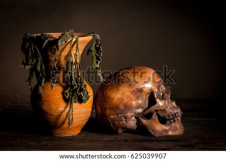 Human skull and flower vase old on wooden background, Still life concept