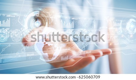 Hologram screen with digital datas used by businessman on blurred background 3D rendering