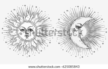 Hand drawn sun and moon with face and starburst stylized as engraving. Can be used as print for T-shirts and bags, cards, decor element. Vector astrology symbol
