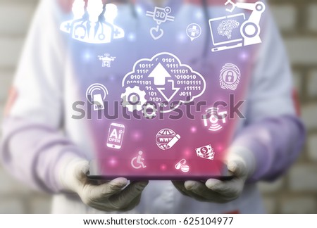Binary digital cloud medicine IT integration health care concept. Information technology hospital integrated introduction. Doctor offers tablet computer with cloud 0 1 icon on virtual medical screen.