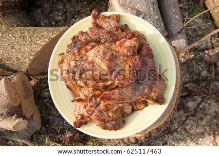 Juicy slices of meat cooked on an open flame grill on big white plate. Roasted meat with spice cooked at BBQ on wooden background. Grill on charcoal and flame, picnic, street food.
