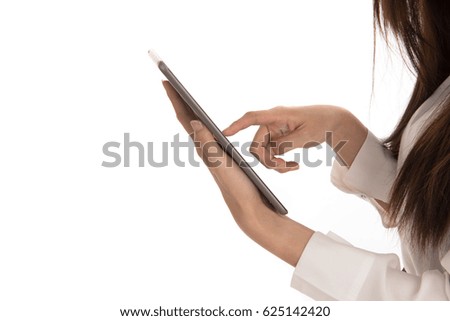 Hand of business woman using tablet, chat with customer on white background.