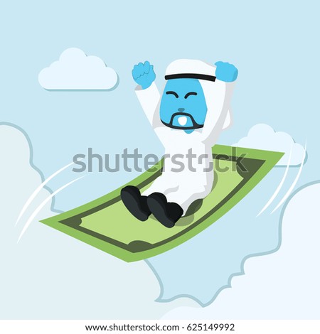 blue arabian businessman ride a flying money