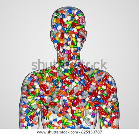 3d Illustration silhouette of a male human filled with drugs or medication pills