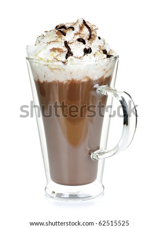 Hot chocolate with whipped cream in mug isolated on white