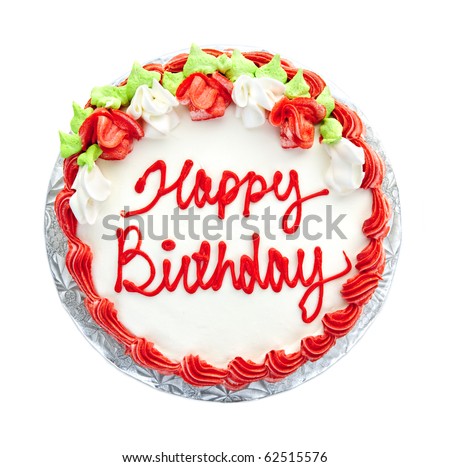 Birthday cake with writing from above isolated on white