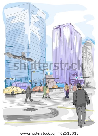 An Urban Sketch of People and Buildings
