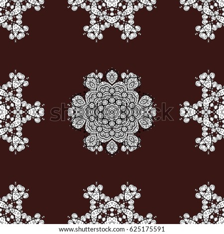 Backdrop, fabric, white wallpaper. Seamless pattern. White pattern on brown background with white elements. Flat hand drawn vintage collection.