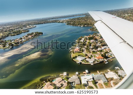 Aerial view of downtown St. Petersburg, Florida. Landing at the airport in St. Petersburg