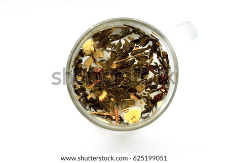 cup of green tea with leaves  isolated on white background