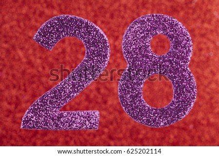 Number twenty-eight purple color over a red background. Anniversary. Horizontal