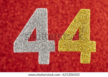 Number forty-four silver yellow color over a red background. Anniversary. Horizontal