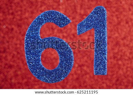 Number sixty-one blue color over a red background. Anniversary. Horizontal