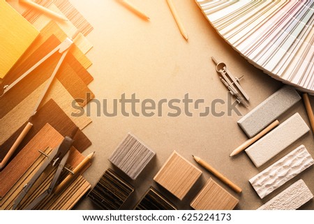 design concept with material sample with stone laminate veneer wooden pencil with free copy space for your creativity ideas text