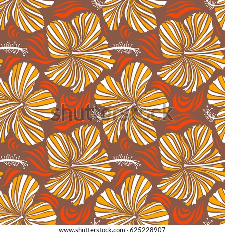 Watercolor painting effect of yellow, brown, white and orange hibiscus flowers, seamless pattern vector background.