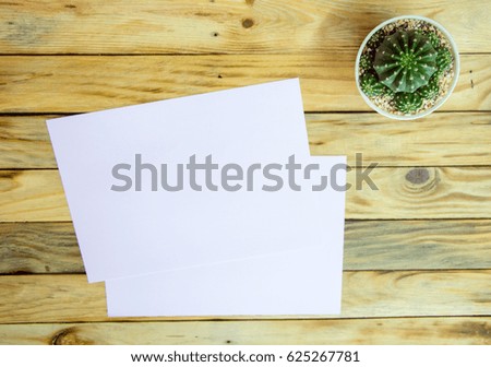 wood table top with papers and cactus