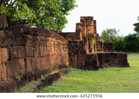 Ruins of old red brick castle of Khmer people in Thailand.