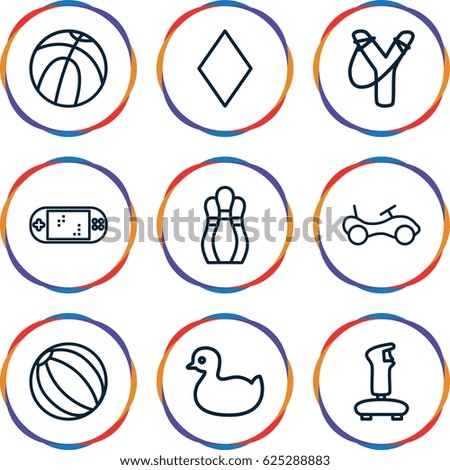 Play icons set. set of 9 play outline icons such as duck, bike, Diamonds, portable game console, bowling, basketball, joystick, sligshot
