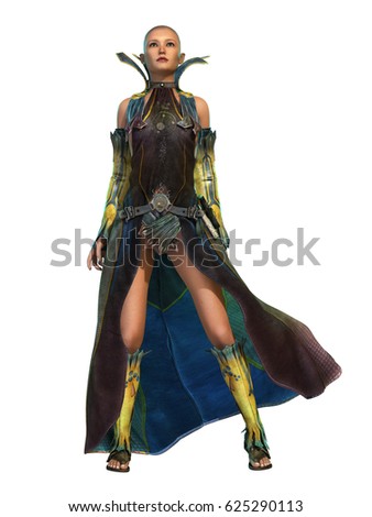 3d computer graphics of a young woman in a fantasy dress