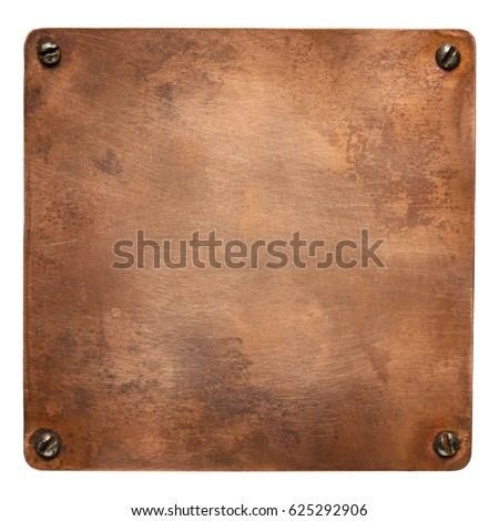 Copper plate with rounded corners and screws. Old metal background.