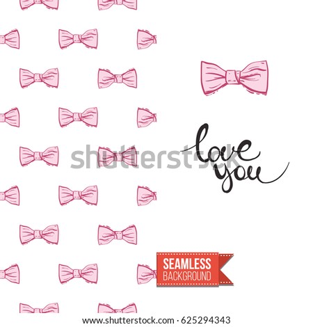 Romantic greeting card for wedding, bridal shower, hen-party. Watercolor style. Seamless pattern background with marriage fashion accessories. Inscription: love you. Vector template