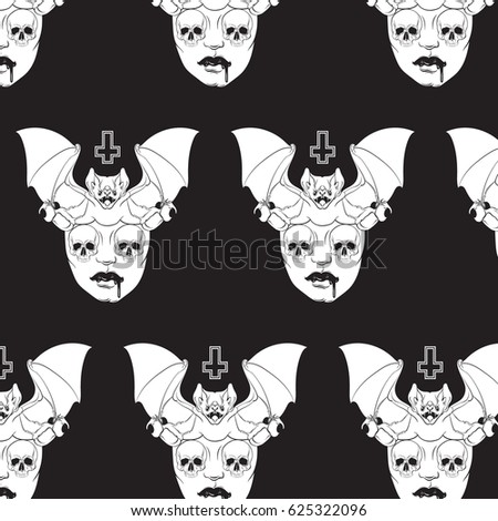 Vector pattern with illustration in hand drawn realistic style with skull and bat. Template for poster banner card print for t-shirt. Dark fashion artwork