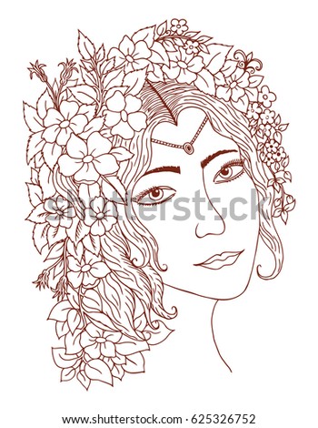 Vector illustration zentangl, portrait of a young woman. Drawing doodles. Coloring page Anti-stress for adults and children. Work done in manual.Brown and white.