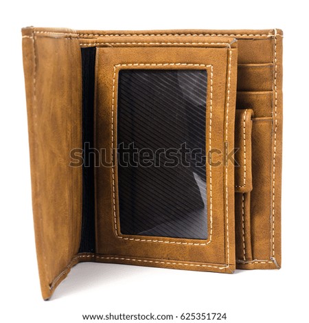 Brown leather wallet with blank slot for picture or card isolated on white background