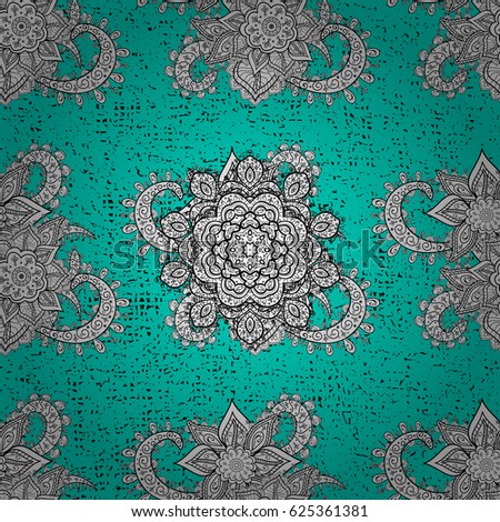 Brilliant lace, stylized flowers, paisley. Oriental style arabesques. Pattern on blue background with white elements. White texture curls. Vector. Openwork delicate white pattern.