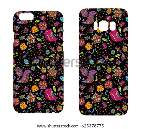 Beautiful cases for smartphones with ornaments from birds and flowers. Print for lining the phone. Ready design. Vector illustration. Doodles. Summer drawings.
