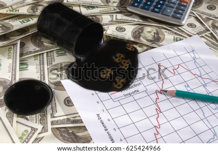 A black barrel with oil from which the  flows with a dollar icon on the background of banknotes. schedule. calculator. Sale of oil.  production. Oil business.